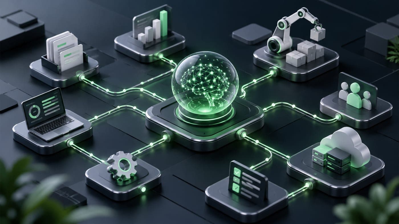 Connected workflow nodes representing business automation