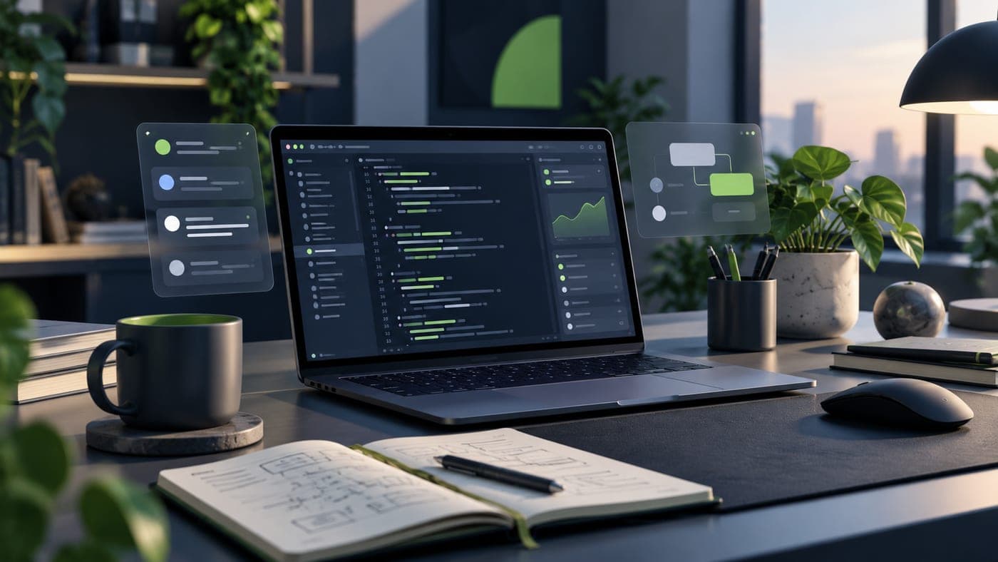 Software development workspace with a laptop, code, and planning notes