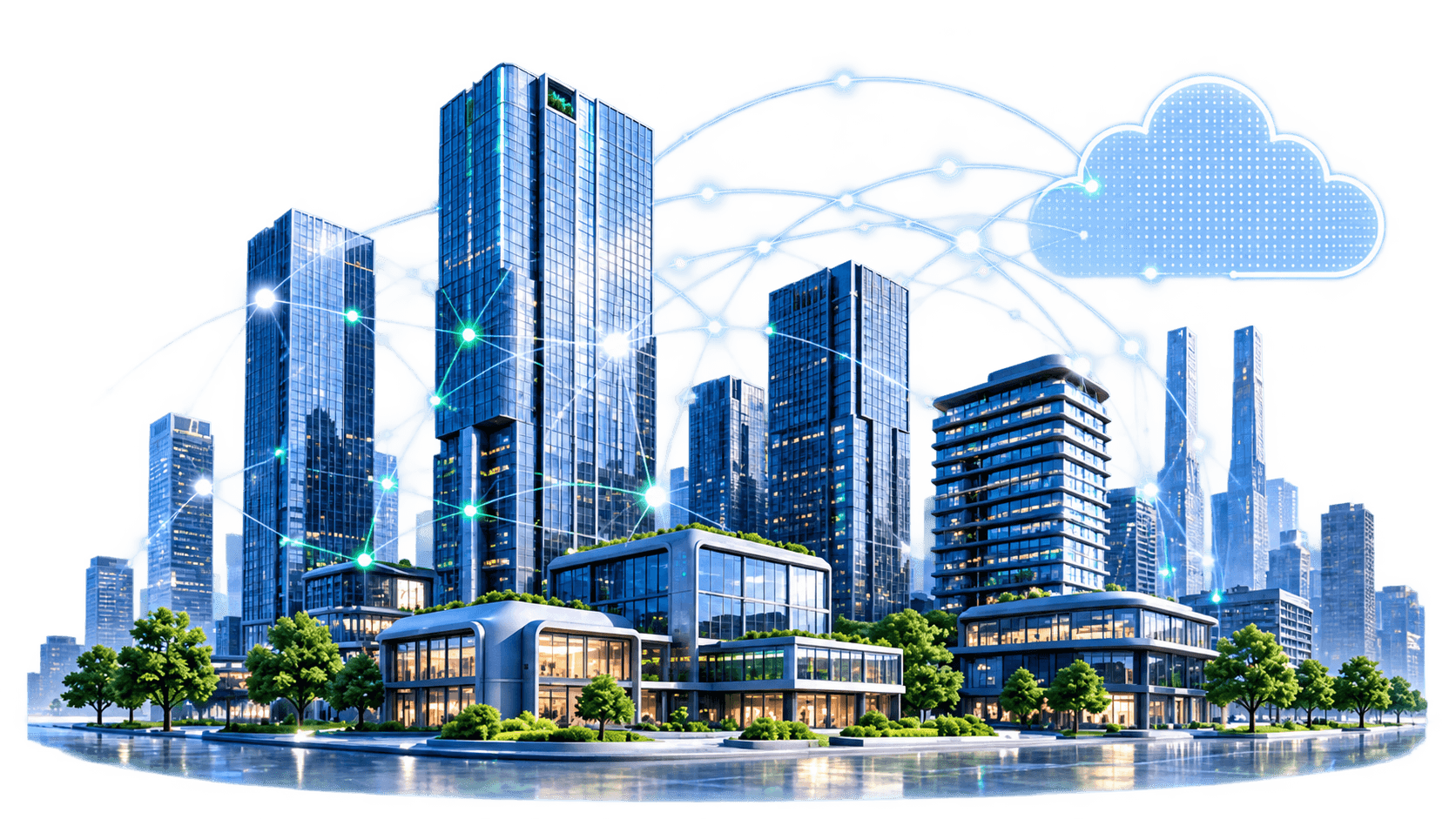 A connected smart city representing Orbitdor's software, AI, and cloud engineering